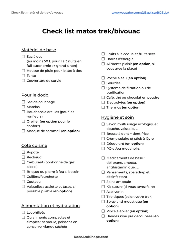 Check list matériel de trek et bivouac 1/2