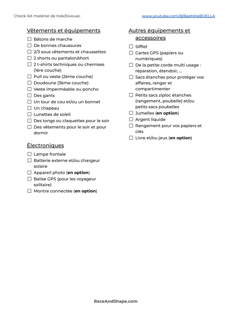 Check list matériel de trek et bivouac 2/2